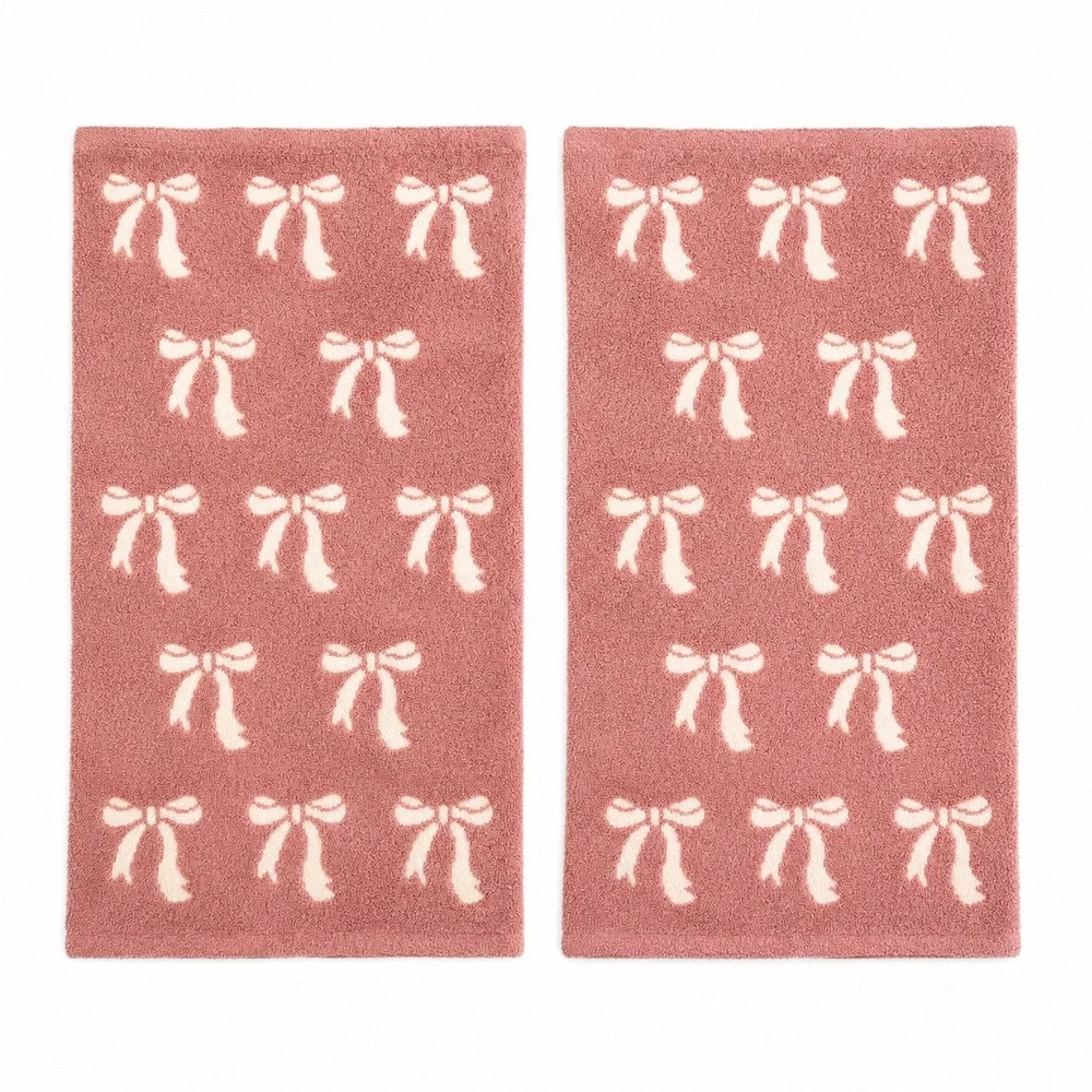 Cupcakes and Cashmere Hand Towels 2pc Reversible Bow Knit Pink Cream Plush Soft